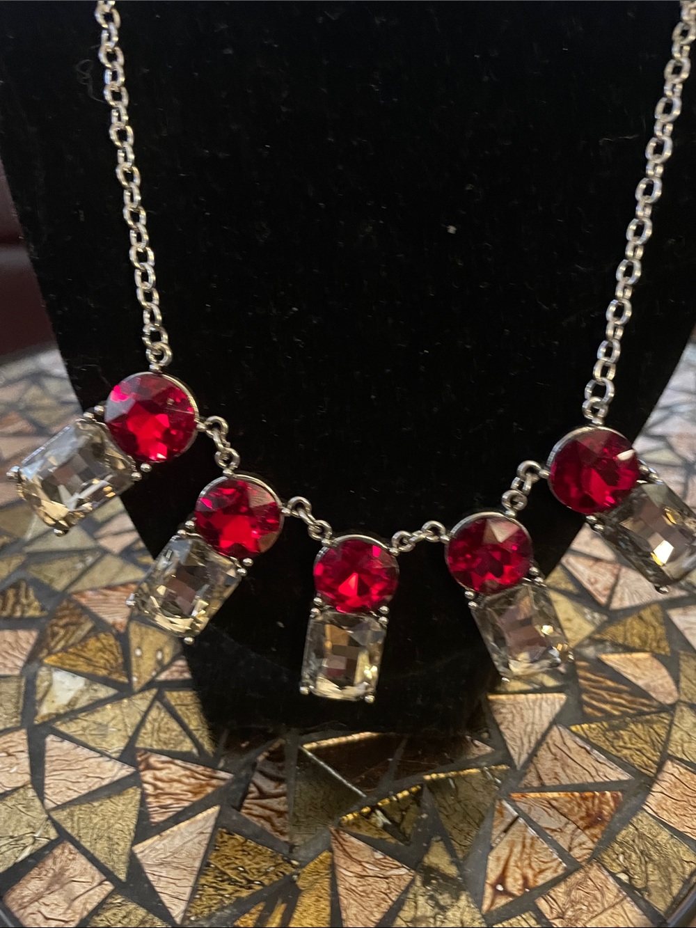 Silver-Tone Necklace with Vibrant Red and Clear Stones